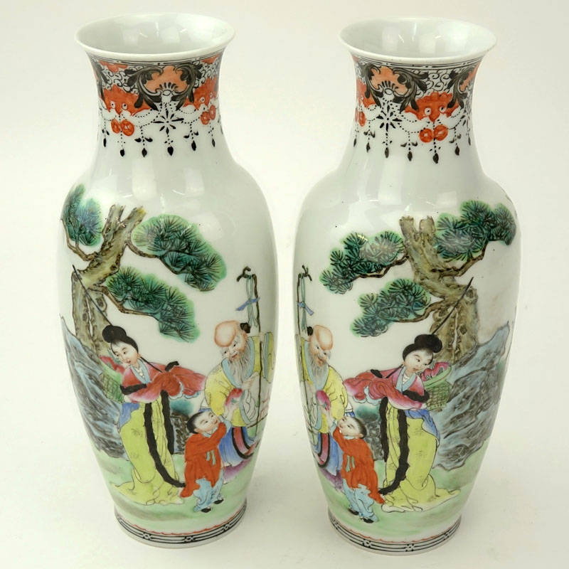 Pair of Chinese Mid-Century Hand Painted Porcelain Vases