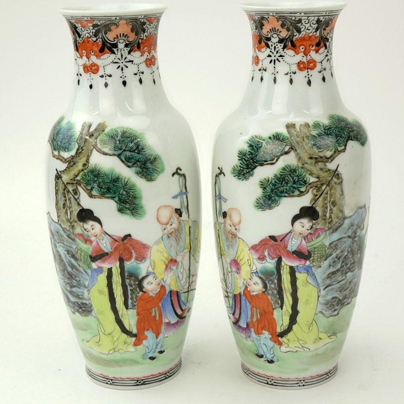 Pair of Chinese Mid-Century Hand Painted Porcelain Vases