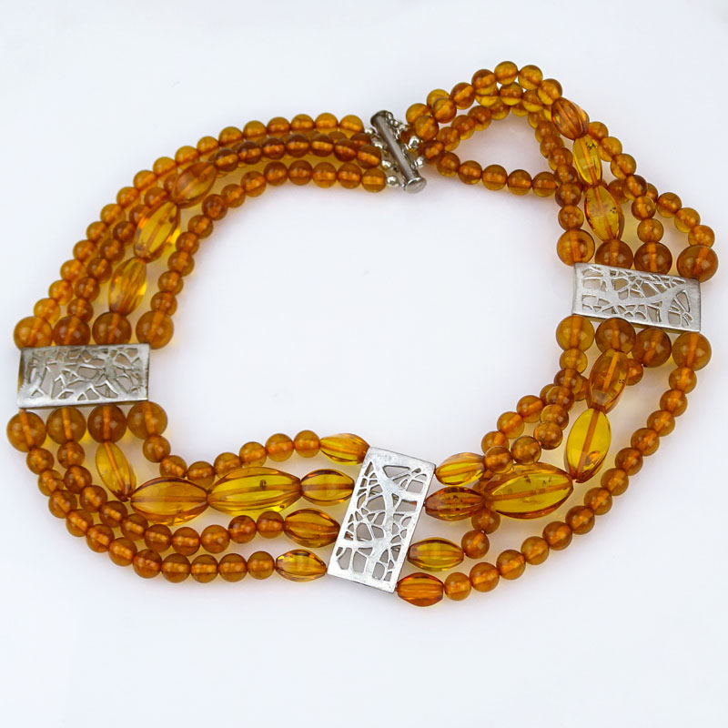 Vintage Four Strand Graduated Amber Beaded Necklace