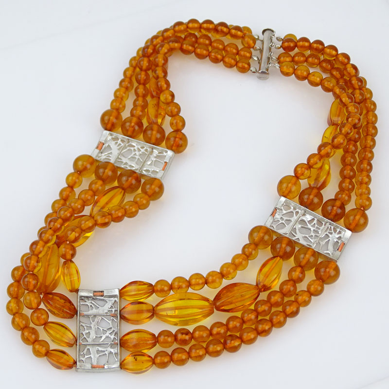 Vintage Four Strand Graduated Amber Beaded Necklace