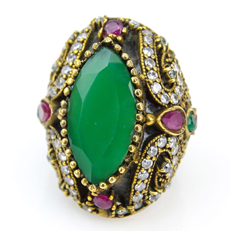 Vintage Mughal Style Chrysoprase, Diamond, Ruby and Emerald Ring