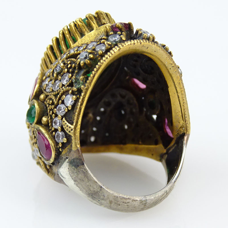 Vintage Mughal Style Chrysoprase, Diamond, Ruby and Emerald Ring