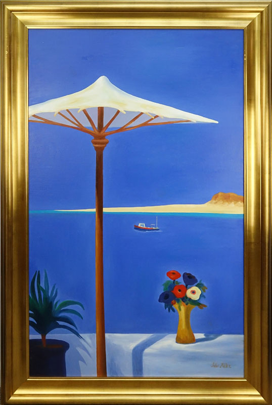 After: John Miller, British (1931-2002) Oil on Canvas, Terrace with Sun Umbrella
