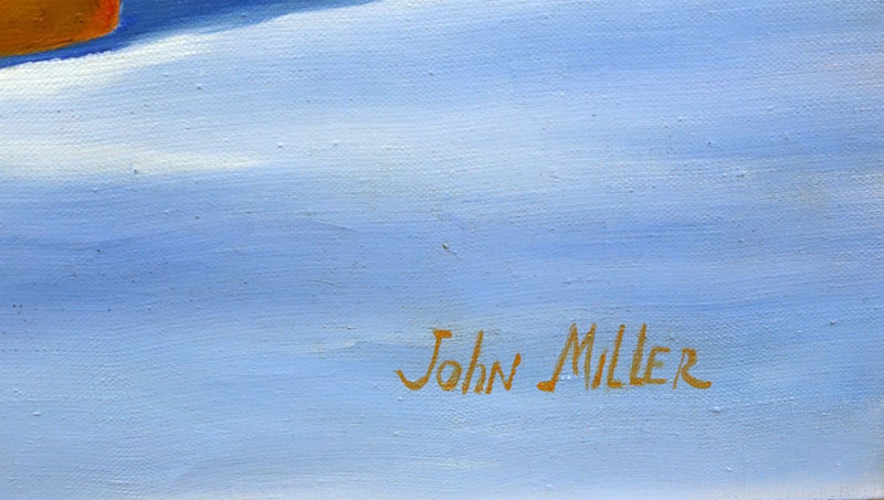 After: John Miller, British (1931-2002) Oil on Canvas, Terrace with Sun Umbrella