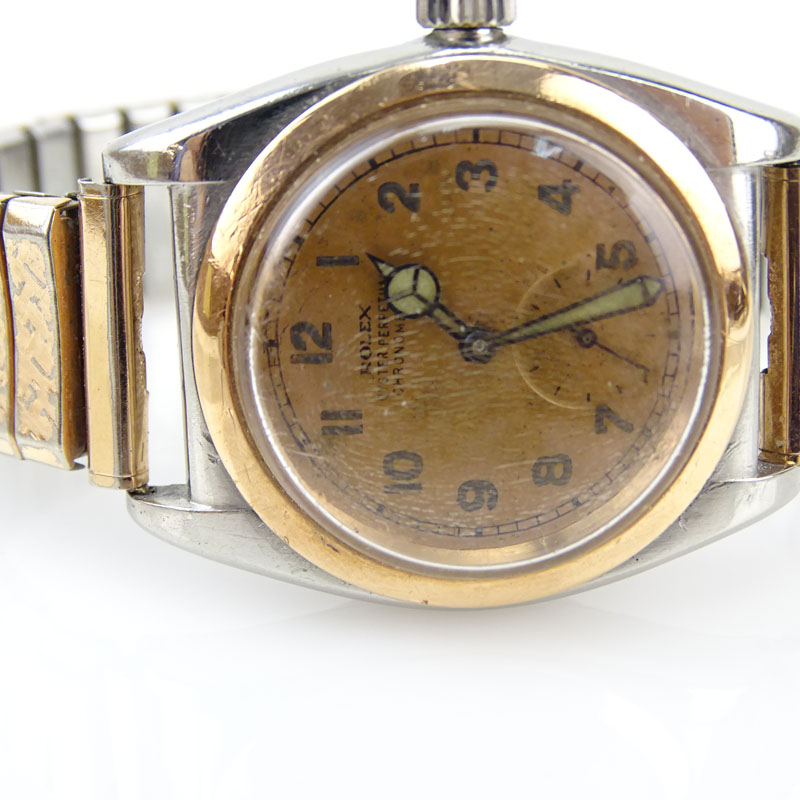 Men's Very Rare Circa 1934 Rolex Bubble Back Pink Gold and Stainless Steel Oyster Perpetual Chronograph