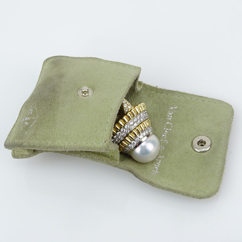 Very Fine Vintage Van Cleef & Arpels Pearl, Round Brilliant Cut Diamond and 18 Karat Yellow Gold Ring
