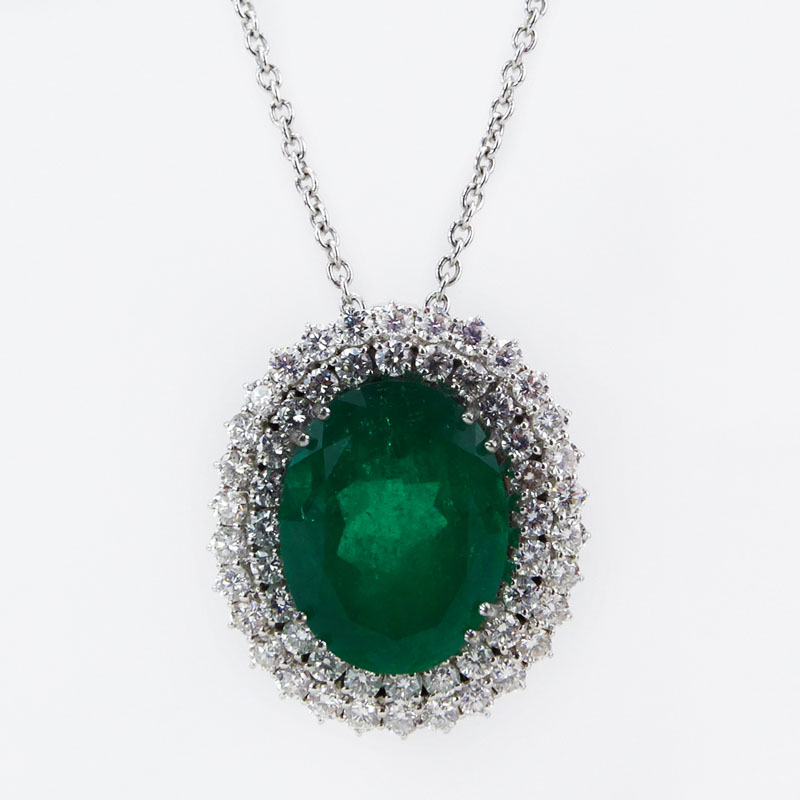 21.0 Carat Oval Cut Colombian Emerald, 4.0 Carat Round Brilliant Cut Diamond and 18 Karat White Gold Pendant Necklace