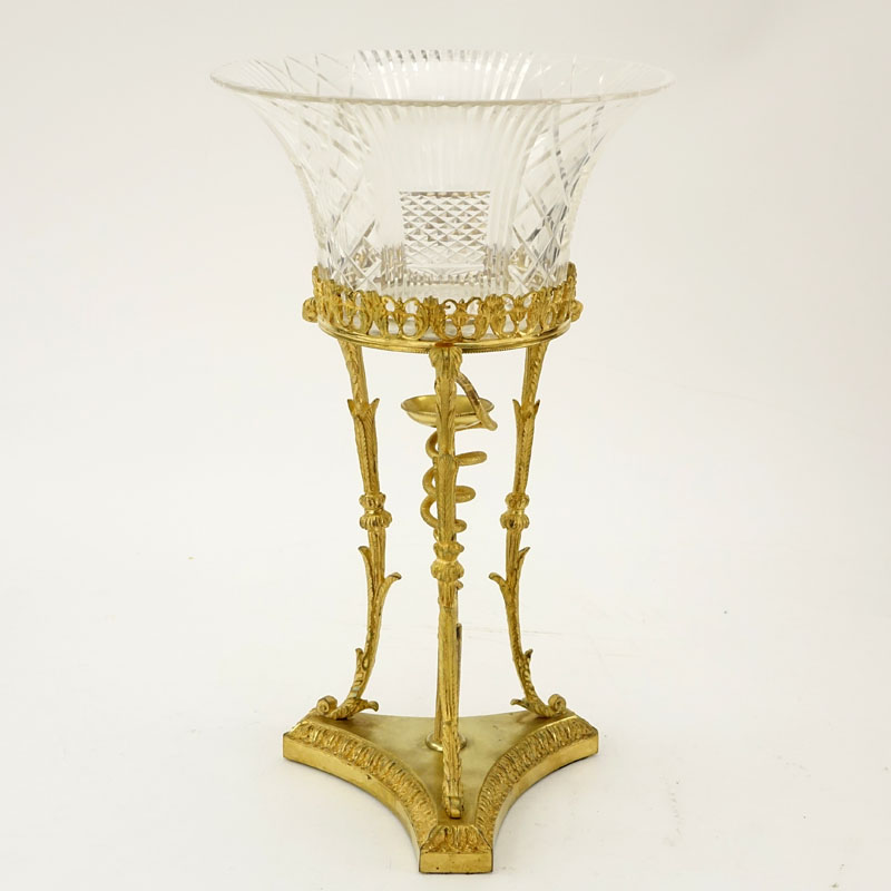 Vintage Neoclassical style Gilt Bronze and Cut Glass Tri-pod Footed Compote / Centerpiece