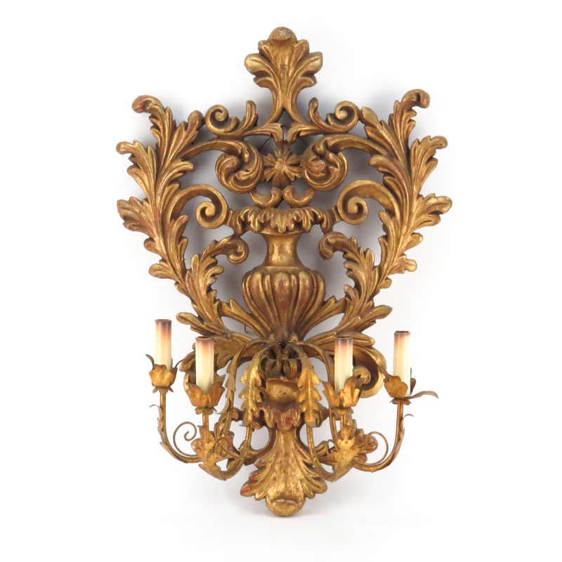 Baroque style Carved Gilt Wood and Gilt Tole Four Light Sconce