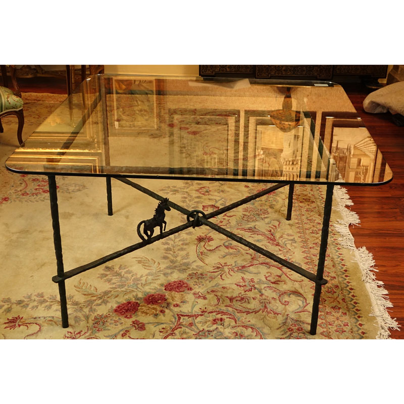 Manner of Diego Giacometti Patinated Wrought Iron Dining Table with Glass Top