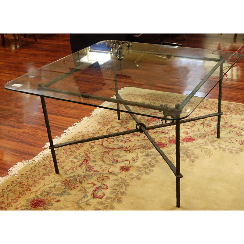 Manner of Diego Giacometti Patinated Wrought Iron Dining Table with Glass Top