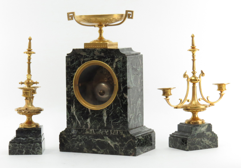 19th Century French Louis XV Style Raingo Freres Paris Gilt Bronze and Marble Clock Garniture Set