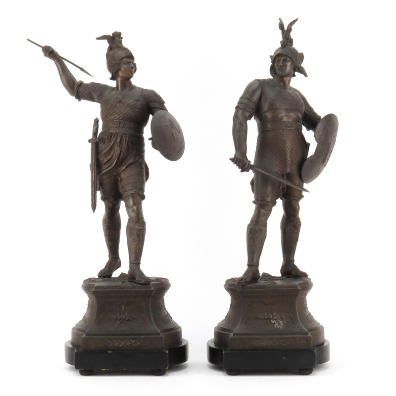 Pair of Antique White Metal Greek Gods of War Sculptures Mounted on Wood Platform