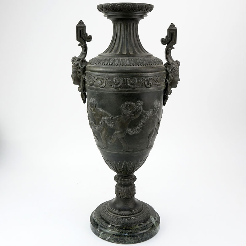 Antique Neoclassical Style Patinated White Metal Urn on Marble Base