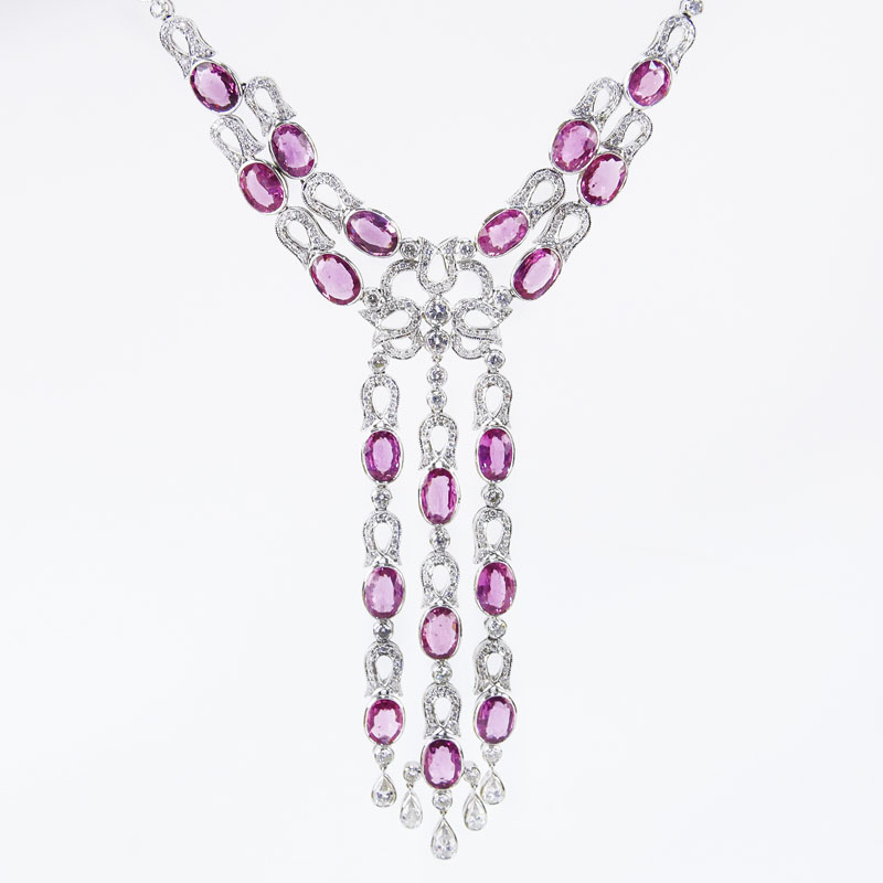41.15 Carat Oval Cut Pink Sapphire, 12.70 Carat Round Brilliant and Pear Shape Diamond and 18 Karat White Gold Necklace. 