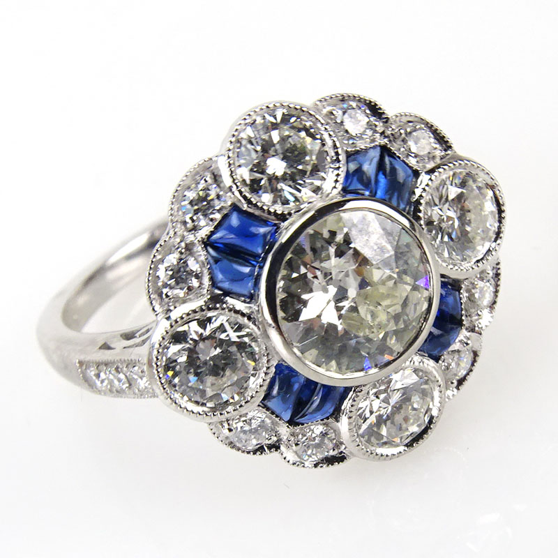 Art Deco Style Approx. 2.02 Carat TW Diamond, .23 Carat Sapphire and Platinum Ring Set in the Center with an Approx. .91 Carat Old European 