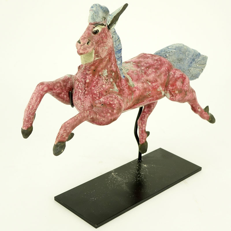 Antique Chinese Glazed Pottery Roof Tile Figurine of a Galloping Horse with Stand