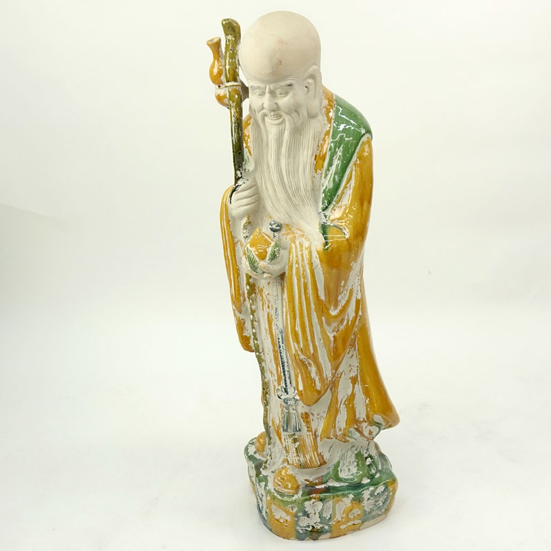 Vintage Chinese "Smiling Sau" Immortal Enameled Glazed Pottery Sculpture
