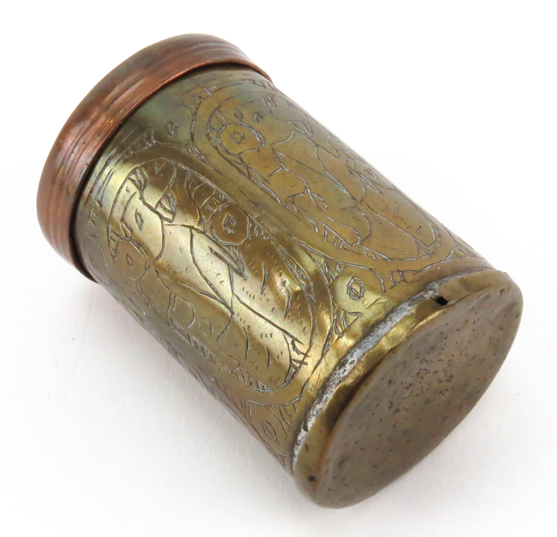 Early Judaica Lot. Includes a Roman Glass miniature bottle, a brass and copper round box, 2 Silver Hamsa pendants. 