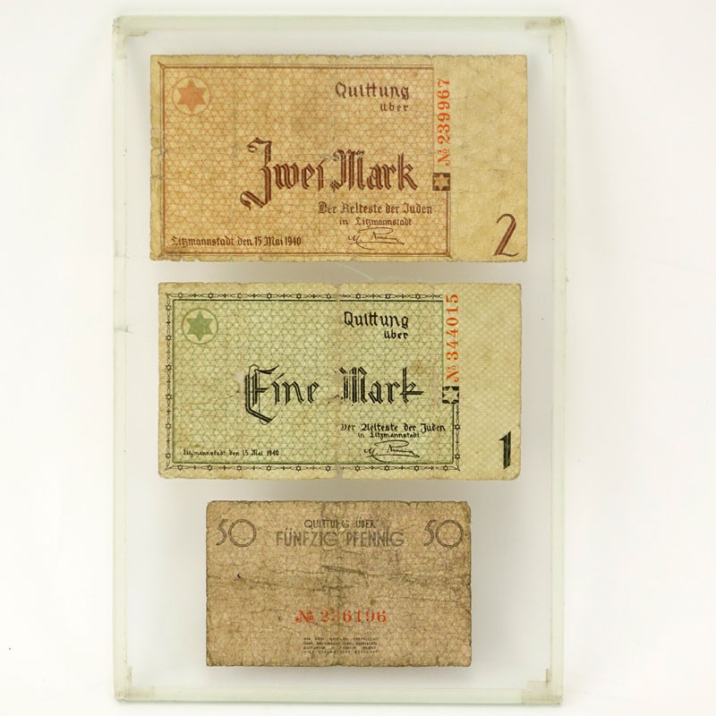 Three (3) 1940 Holocaust Lodz (Litzmannstadt) Ghetto Scrip Mark Notes