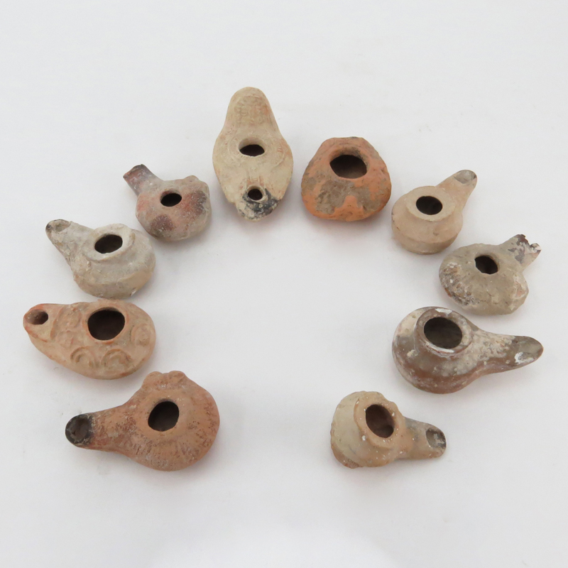 Collection of Ten (10) Ancient Judaica Clay Pottery Oil Lamps