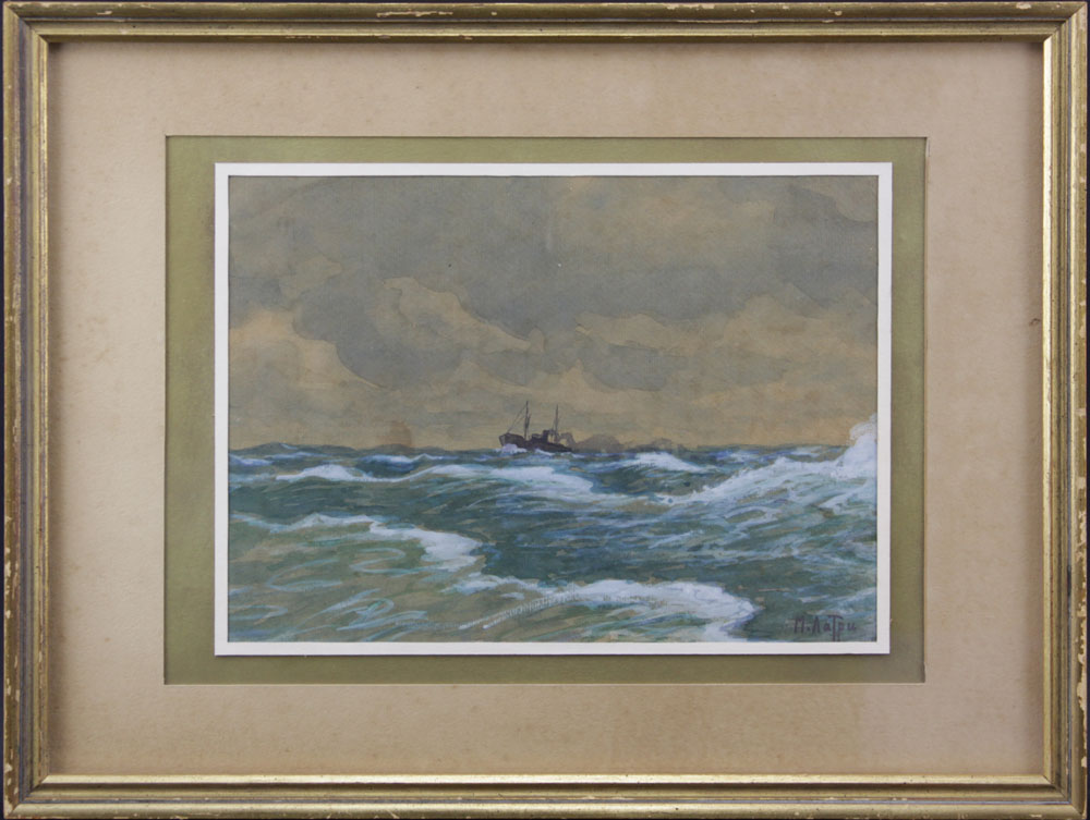 Early 20th Century Russian Ukrainian Watercolor and Gouache on Paper "Ship In Choppy Seas" Signed in Cyrillic M