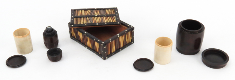 Collection of Five (5) Ebony and Bone Boxes/Canisters including a Vintage Porcupine Quill and Ebony Box; Two (2) Ebony Canisters (one is a small travel inkwell); Two Bone Canisters with Ebony Tops