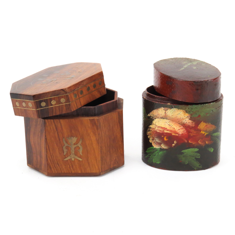 Collection of Eight (8) Vintage Boxes Including Two (2) Russian Lacquer Boxes; a Brass Inlaid Rosewood Box; A Lacquer Covered Box with Painted Rose Design; a Round Leather Box; a Small Tibetan Lacquer Covered Round Box; a Small Indian White Metal Covered 