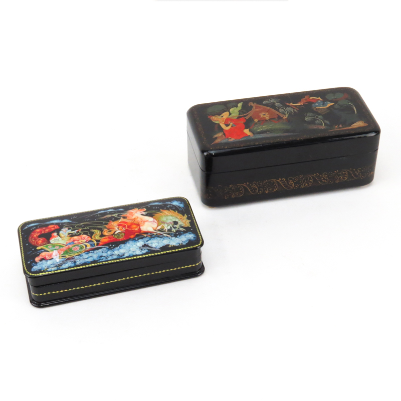 Collection of Eight (8) Vintage Boxes Including Two (2) Russian Lacquer Boxes; a Brass Inlaid Rosewood Box; A Lacquer Covered Box with Painted Rose Design; a Round Leather Box; a Small Tibetan Lacquer Covered Round Box; a Small Indian White Metal Covered 