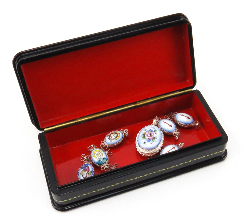 Russian Lacquer Box together with Seven (7) Russian Porcelain and White Metal Pendants