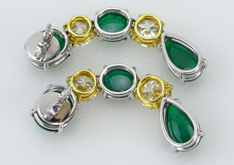 13.72 Carat TW Cabochon Colombian Emerald, 4.96 Carat TW Old European Cut Diamond, Platinum and 18 Karat Yellow Gold Pendant Earrings.