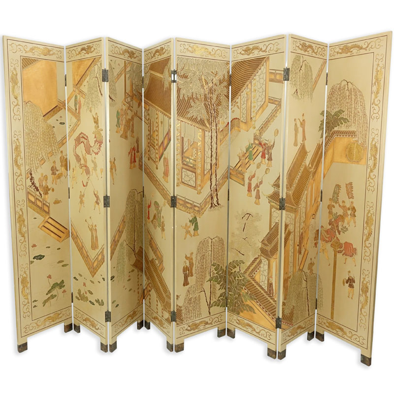 Maitland-Smith Asian Hand Painted Wood 8 Panel Screen