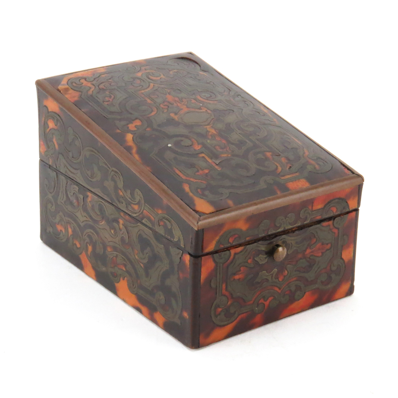 19th Century Boulle Work Stamp Box with Ebony Lined Interior and Stone Weighted Base