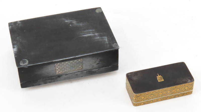 Vintage Pewter and Silver Niello Decorated Cigarette Box together with a Chinese Niello Decorated Snuff Box