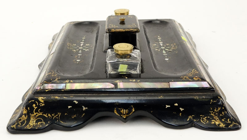 19th Century English Victorian Gilt Lacquered Ebonized Papier Mache and Mother of Pearl Inkstand