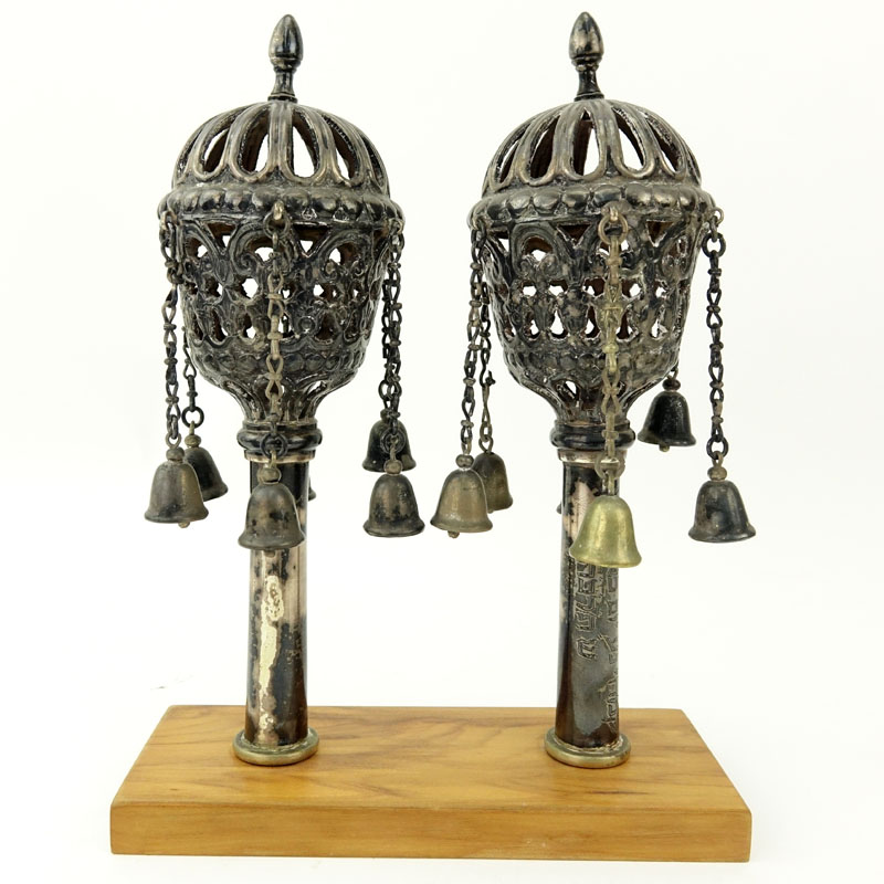 Pair of Late 18th or 19th Century Judaica Silver Torah Finials on Wooden Mount