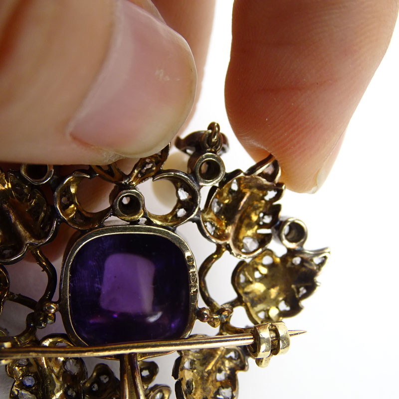 Lady's Victorian Double Cabochon Amethyst, Rose Cut Diamond, Pearl, Silver and Gold Pendant/Brooch