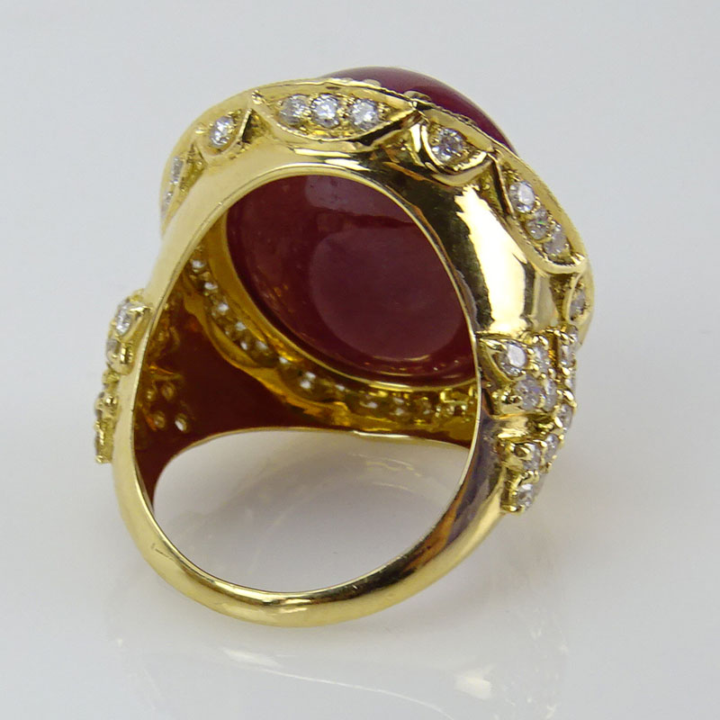 40.27 Carat Cabochon Burma Ruby, 1.79 Carat Round Brilliant Cut Diamond and 18 Karat Yellow Gold Ring. 