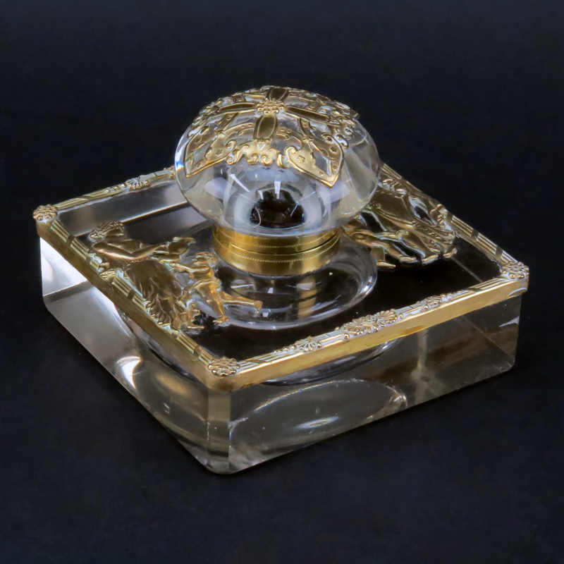 19th Century French Empire Ormolu Bronze And Possibly Baccarat Crystal Inkwell