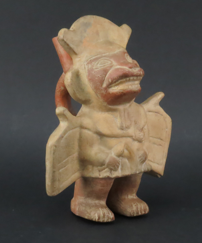 Pre Columbian or Later  Moche Inca Polychrome Standing Bat Pottery Stirrup Vessel