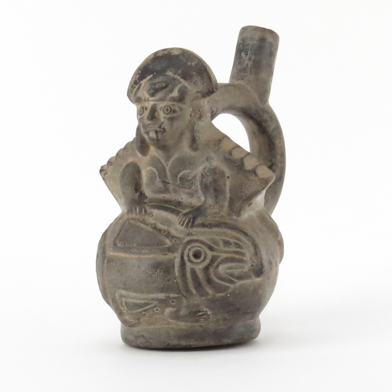 Pre Columbian or Later  Blackware Chimu Inca Figural Pottery Stirrup Vessel