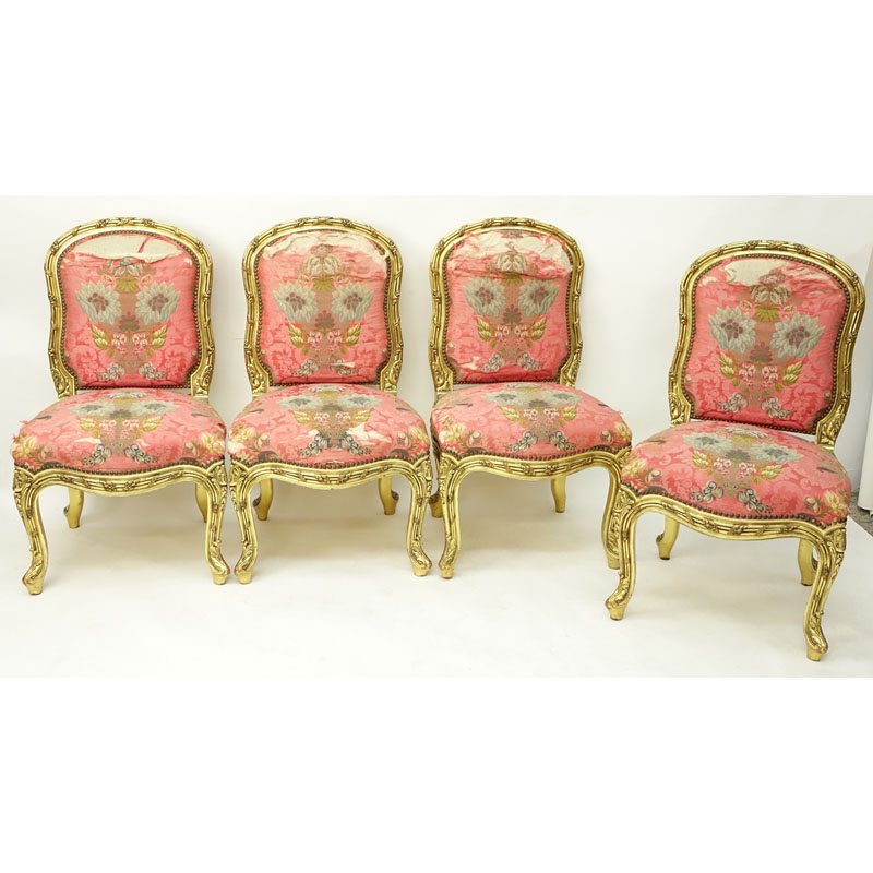 Set of Four (4) Carved Giltwood Louis XV Style Side Chairs With Floral Silk Upholstery