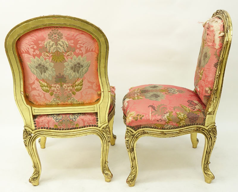 Set of Four (4) Carved Giltwood Louis XV Style Side Chairs With Floral Silk Upholstery