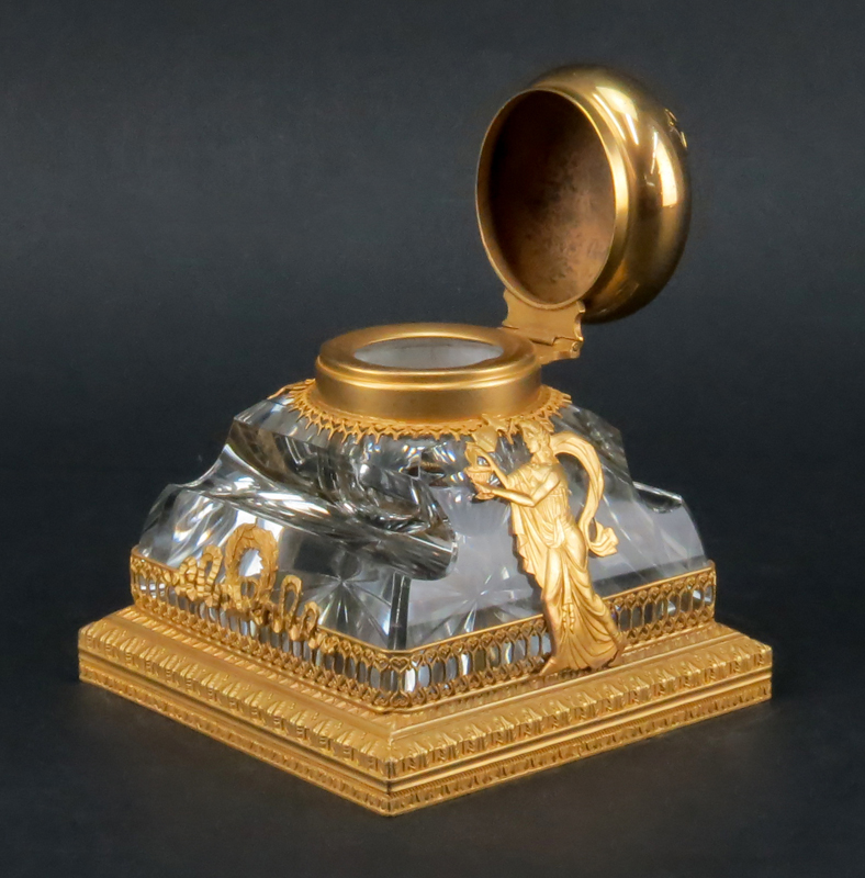 19th Century French Empire Ormolu Bronze And Possibly Baccarat Crystal Inkwell