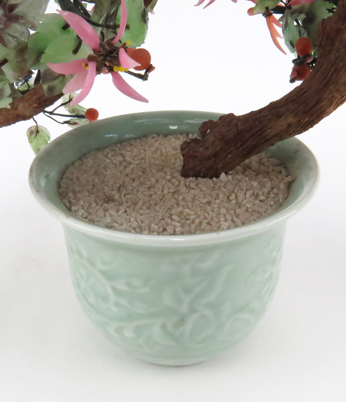 Vintage Chinese Carved Jade and Hardstone "Ming Tree" in Celadon Porcelain Cachepot