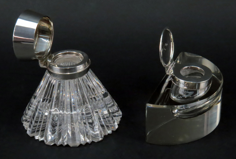 Grouping of Two (2) Modern English Sterling Silver and Crystal Inkwells