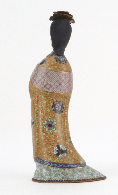 Early 20th Century Chinese Cloisonné Enamel and Polychrome Courtesan Figurine in Original Fitted Box