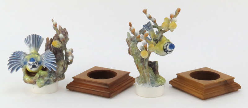Two Royal Worcester Dorothy Doughty Porcelain Bird Groups "Blue Tit Parus Caeruleus and Pussy Willow" In Original Wood Stands