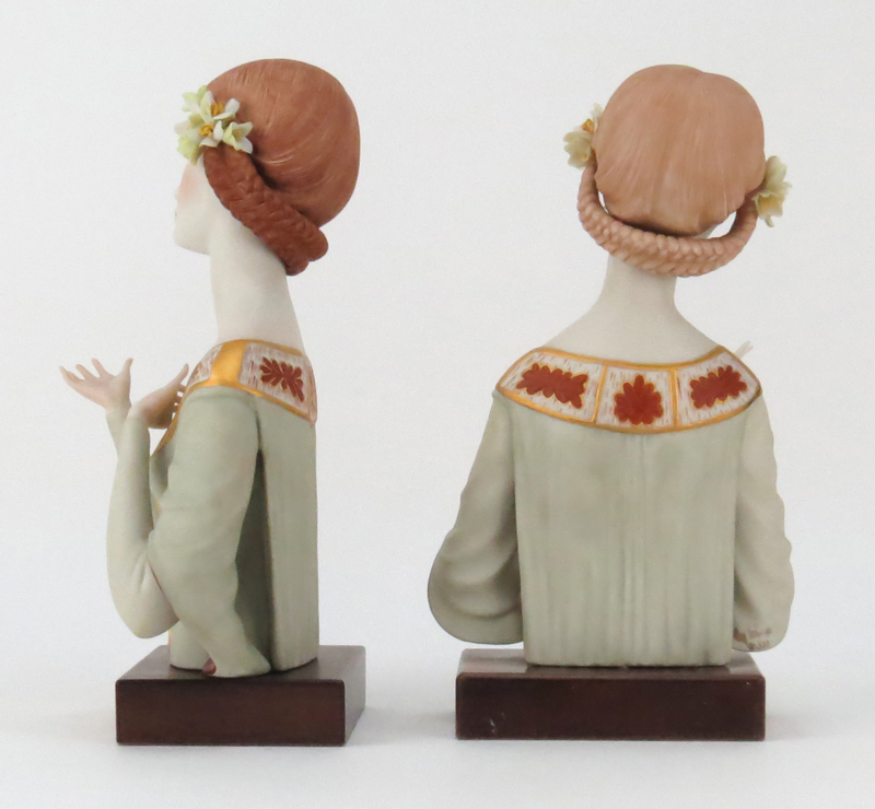 Two (2) Matching Cybis Polychrome Third Quarter Porcelain Bust Figurines Mounted on Wooden Bases