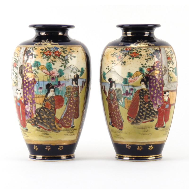 Pair of Antique Japanese Satsuma Cobalt Blue Hand Painted Portrait Vases